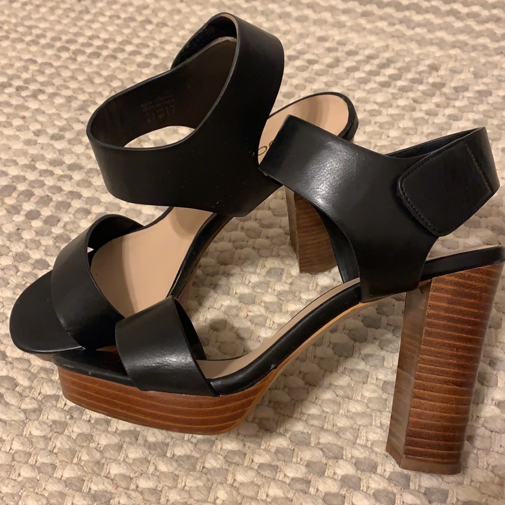 Aldo - Black Velcro Strap Wood Block Heels
